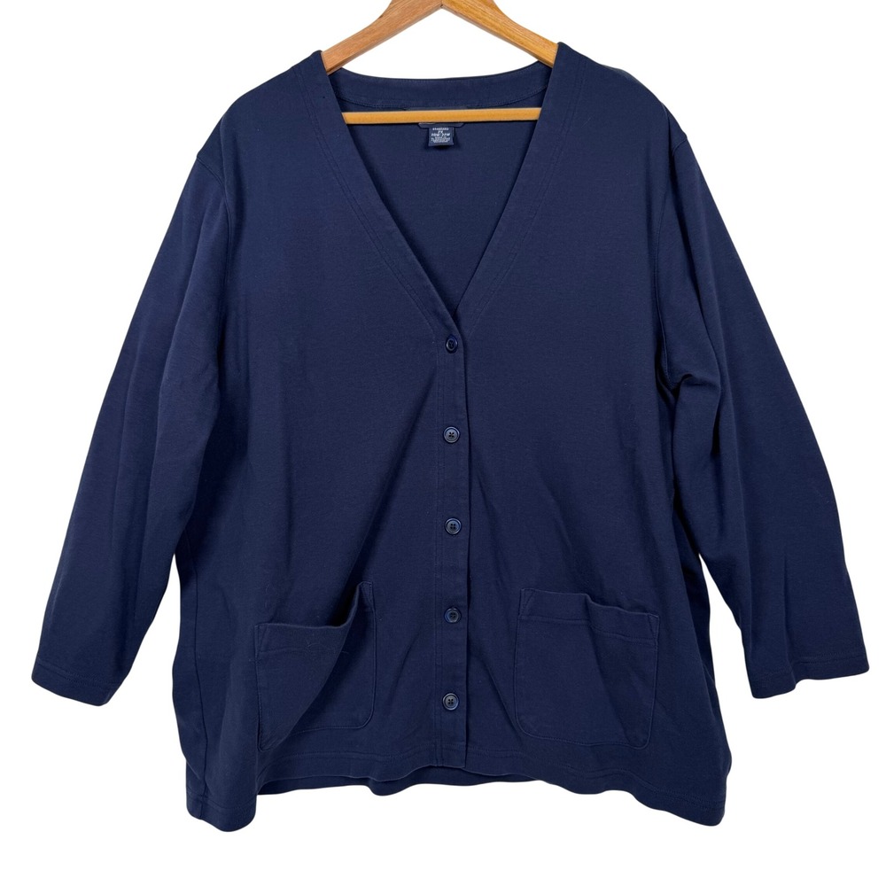 Lands End Cardigan Women 2X  Navy‎ Blue 100% Cotton Button Front V-Neck Pocket